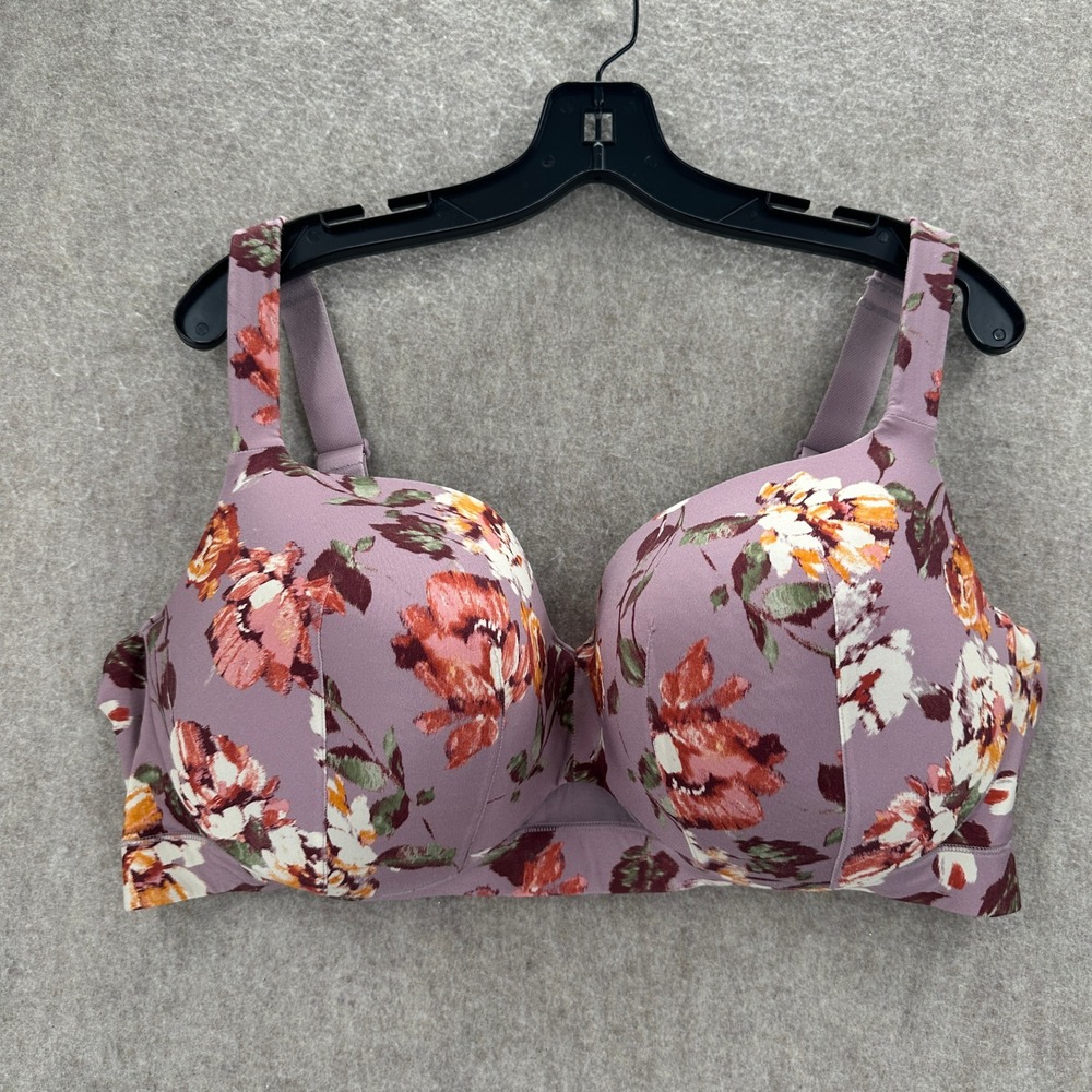 Cacique Balconette Bra Womens 42F Purple Floral Lightly Lined Underwire 1127734